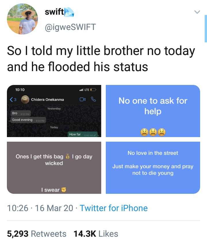 Twitter user shares brother's reaction after he refused him money and it is hilarious