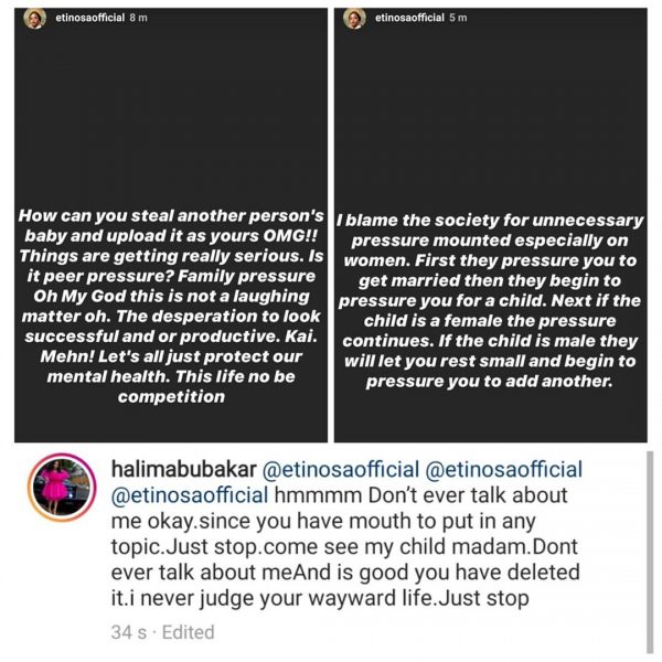 Etinosa blasts Halima Abubakar for using American mother's photo