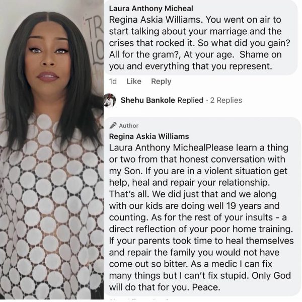 Woman shames Regina Askia for speaking on her marriage online