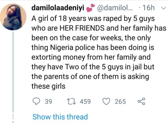 Twitter user cries out as lady dies after being drugged, raped by 5 friends