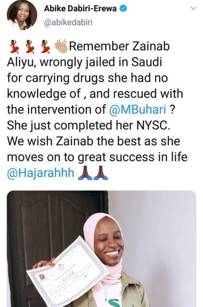 Lady who was rescued after being wrongfully jailed in Saudi Arabia completes NYSC