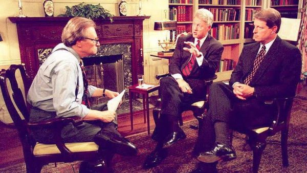 Larry King has interviewed every sitting president since Gerald Ford. Here he is with President Bill Clinton and Vice-President Al Gore before the 1996 presidential election