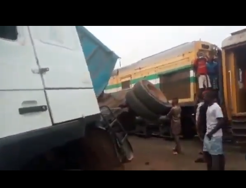 Panic as train collides into a loaded trailer at Fagba, Lagos (video)-TopNaija.ng