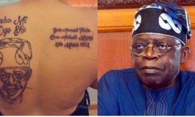 A lady has tattooed the face of the National leader, All Progressives Congress, APC, Asiwaju Bola Tinubu on her back.
