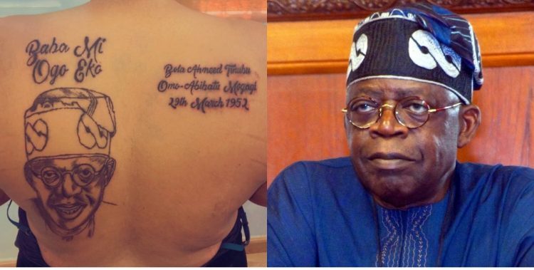 A lady has tattooed the face of the National leader, All Progressives Congress, APC, Asiwaju Bola Tinubu on her back.