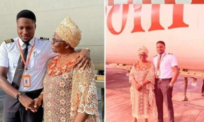 Viral photos of the Nigerian pilot who for the first time flew his mum on a plane