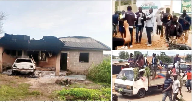 A-burnt-house-and-youths-during-a-protest-against-gunmen-attack-on-Yelwa-Zangam