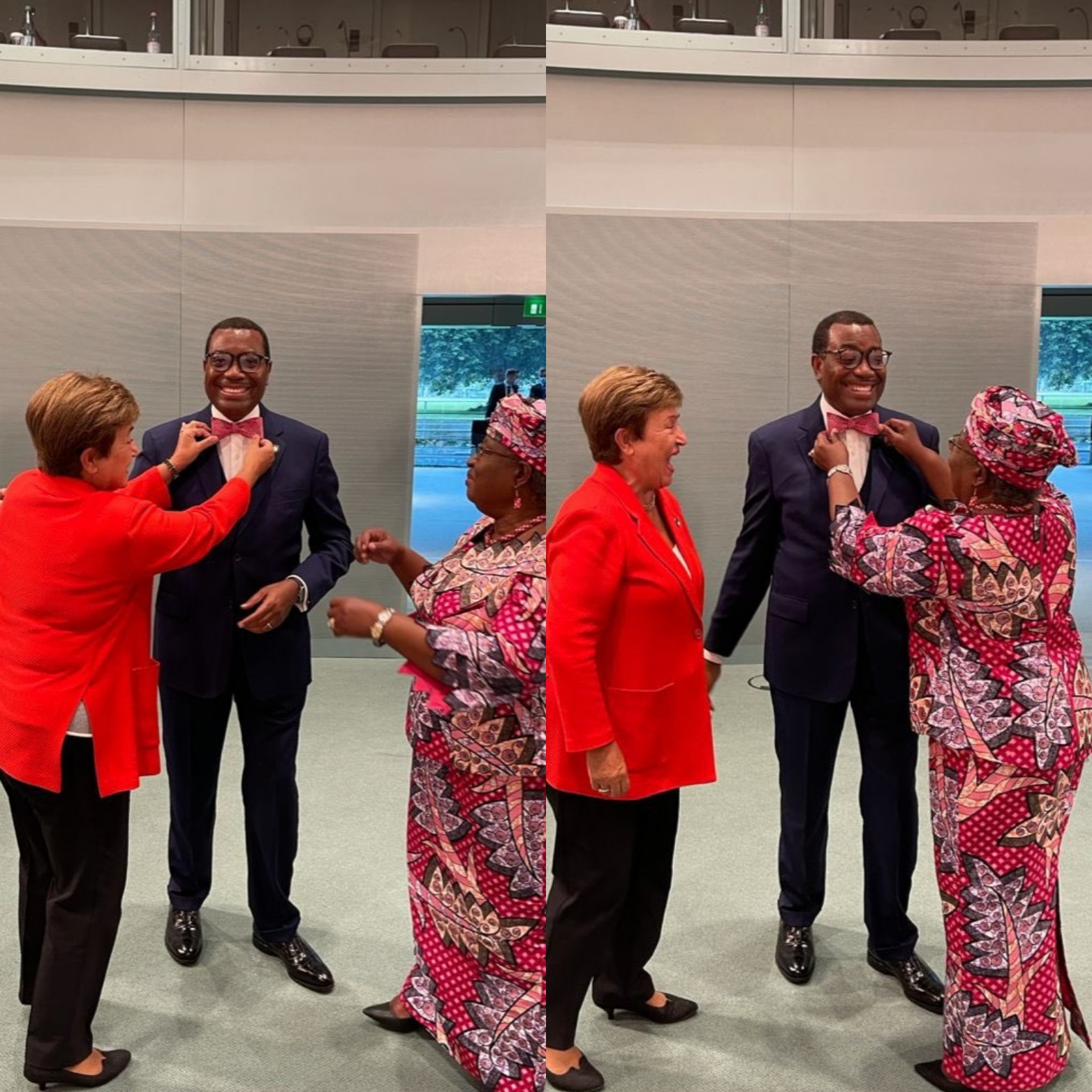 Akin Adesina gets styled by Okonjo Iweala, IMF MD, Kristalina Georgieva