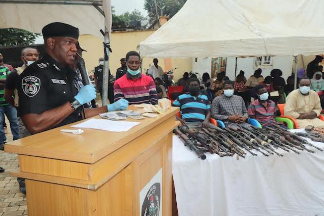 Police-Commissioner-Frank-Mba-with-the-39-suspects-paraded-on-Monday-636x424