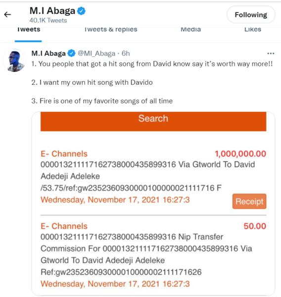 M.I Abaga's post about donating ₦1 million for Davido