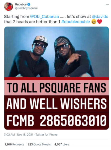 PSquare asked for donations from fans, following Davido