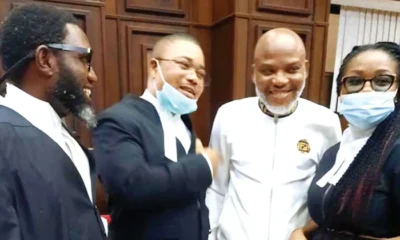 Leader of Indigenous People of Biafra, Nnamdi Kanu, with his lawyers and others during his trial at the Federal High Court in Abuja.