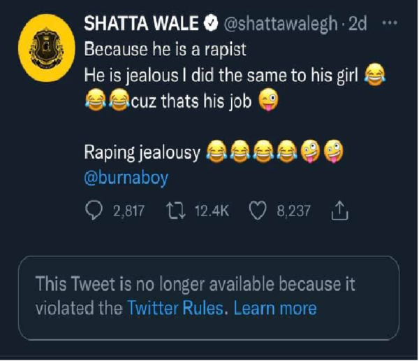 Shatta Wale's tweet removed by Twitter