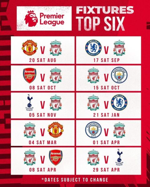 Liverpool FC's Full 2022/23 Premier League Season's Fixture List