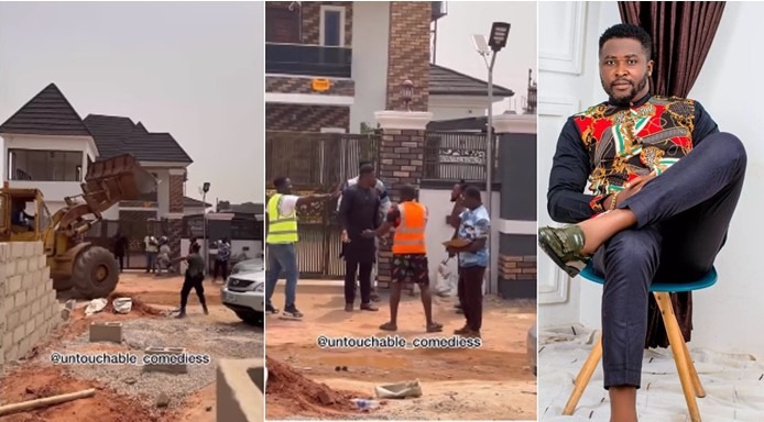 Skit makers hire bulldozer to 'demolish' actor Onny Michael's new house (Video)