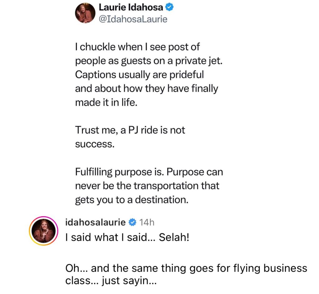 Showing off on a private jet is not success -- Laurie Idahosa