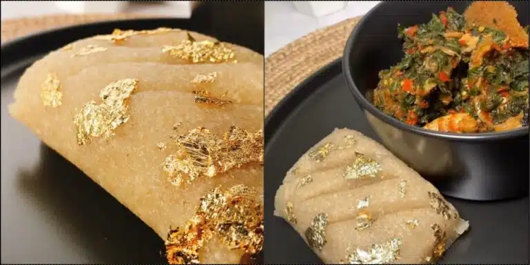 as vendor flaunts N50K gold-laced eba and soup (Video)