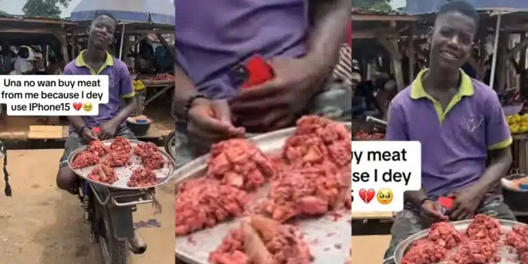 A young meat seller has gathered reactions online as many are unwilling to buy his meat because he uses the latest iPhone 15 Pro Max.