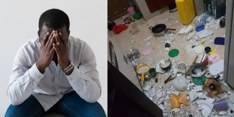 Nigerian man in shock after his girlfriend destroys his apartment over cheating suspicion