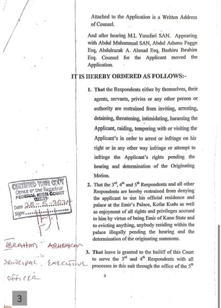 Federal High Court order mandating the removal of the 16th Emir of Kano, Muhammadu Sanusi II, from the Emir Palace in Kano.