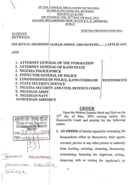 Federal High Court order prohibiting security forces from inviting, arresting, detaining, threatening, intimidating, or harassing the 15th Emir of Kano, Aminu Ado Bayero.