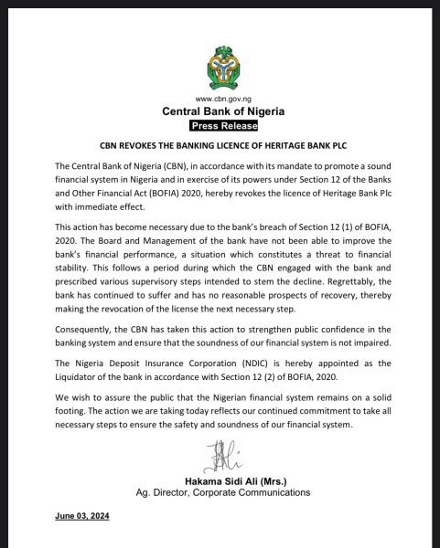 Revoked Heritage Bank's License by CBN