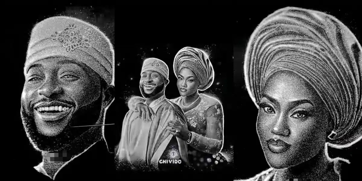 Talented artist blows minds over salt portrait of Davido and Chioma