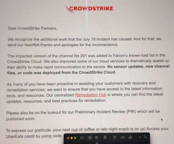 CrowdStrike offers $10 Uber Eats Gift Cards after faulty update crashes millions of computers