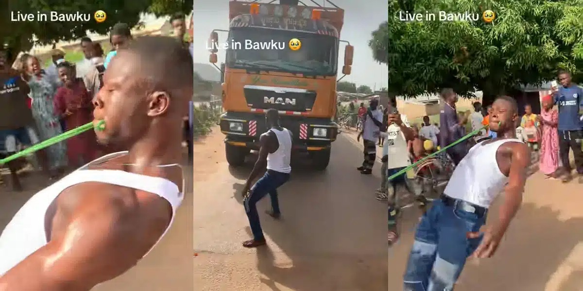 Man sparks reactions online as he pulls truck with teeth in viral video