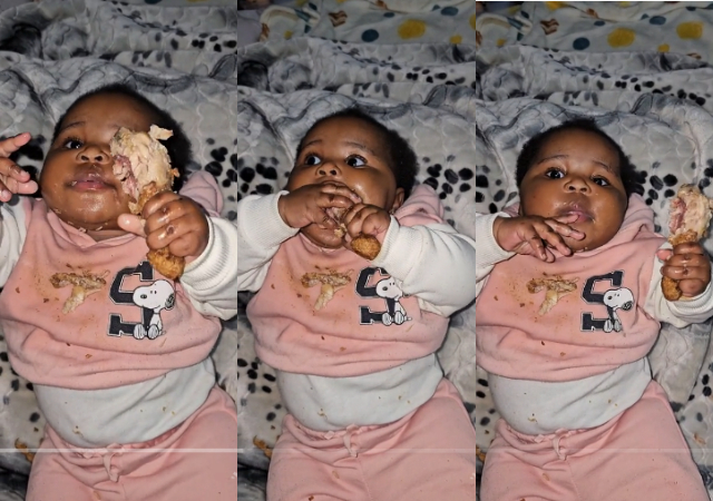 8-month-old baby consumes chicken, stirs reactions online [Video]