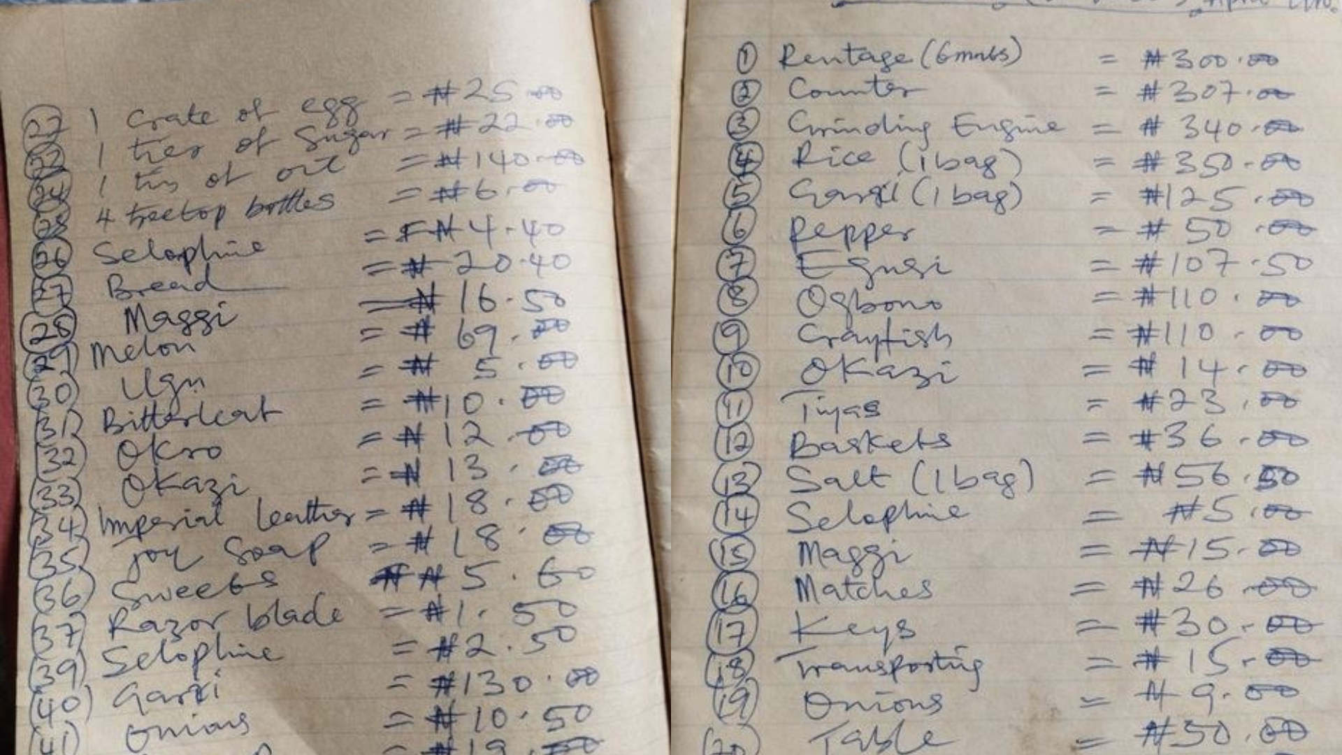 Man shares shopping list dated back to the 90s with prices of food stuffs