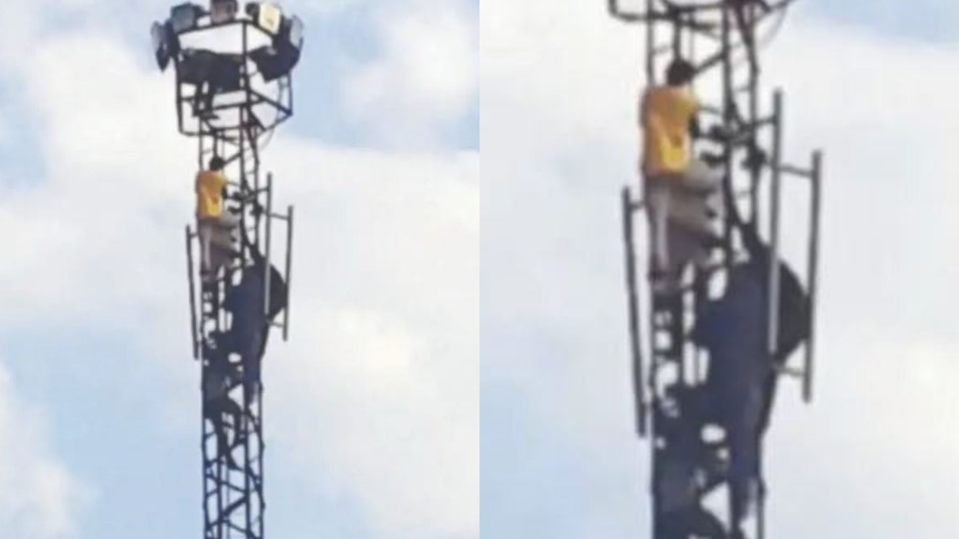 Thief climbs high electric tower to run from angry mob